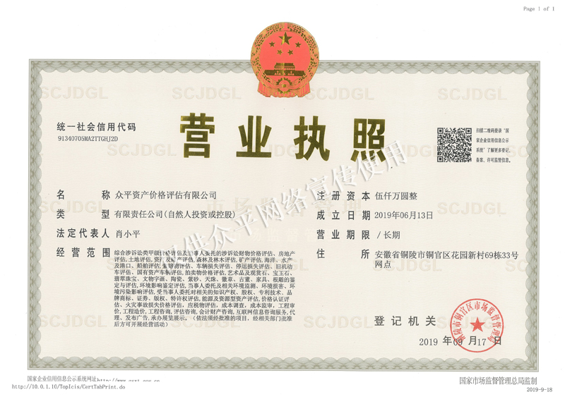 眾平資產(chǎn)價(jià)格評(píng)估有限公司總公司營(yíng)業(yè)執(zhí)照